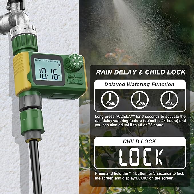 Garden Hose Timer Automatic Programmable - Digital Water Timer with LCD Display, Rain Delay & Manual Modes for Lawn Sprinkler System, Irrigation for Yard
