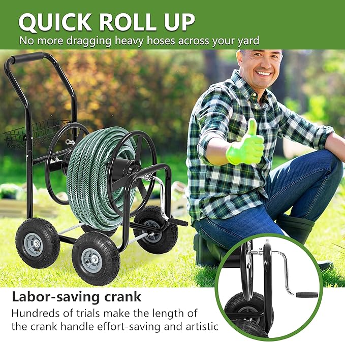 Hose Reel Hold Up To 300 Ft Heavy Duty Garden Hose Reel Sturdy Water Hose Reel Cart with 4 Wheels Storage Basket for Garden Lawn Yard Outdoor (Black)