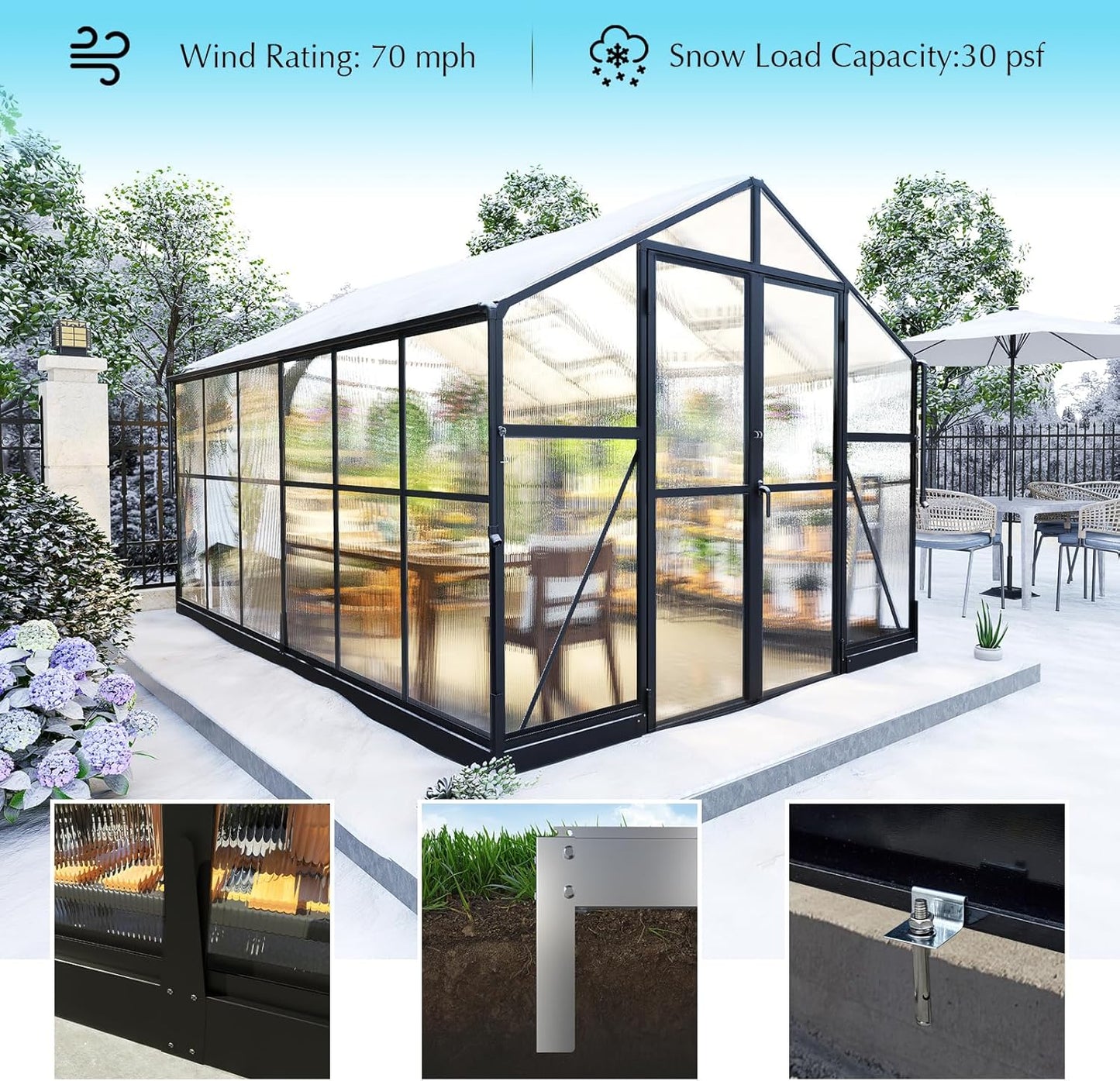 AMERLIFE 8x12x7FT Polycarbonate Greenhouse, Walk in Greenhouse with Quick-Connect System, Green House with 4 Vent Windows and Swing Lockable Door, Greenhouses for Outdoors, Sunroom Black