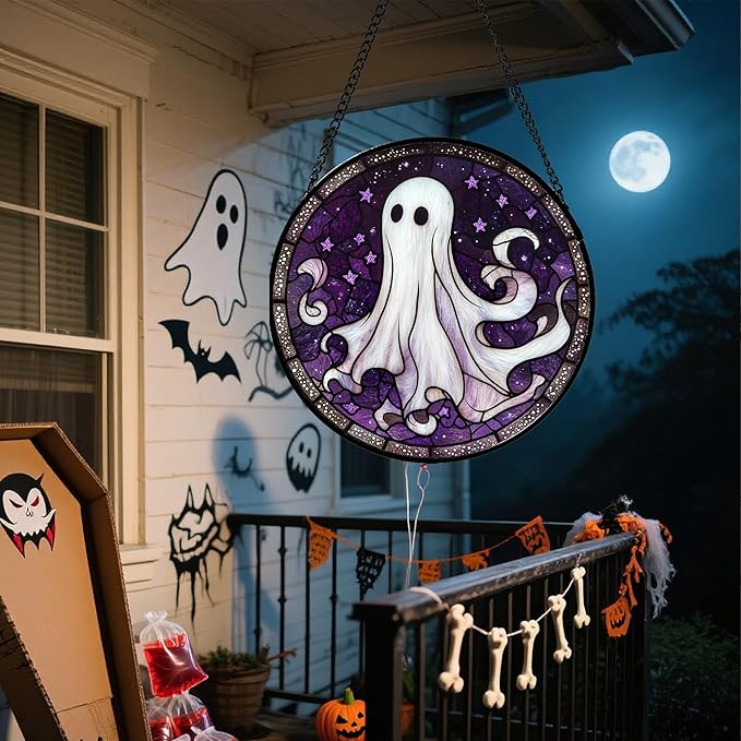 Stained Glass Window Hanging - Halloween Decorations White Ghost Purple Stars Suncatcher for Doors Garden Spooky Funny Sun Catchers Gothic Decor Horror Gifts for Women Men Friend 9.8 in