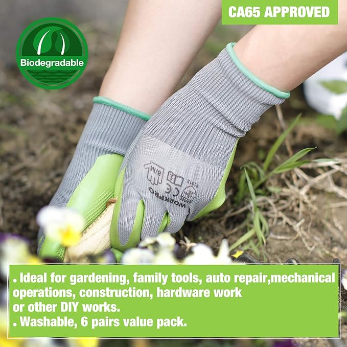 WORKPRO 6 Pairs Garden Gloves, Work Glove with Eco Latex Palm Coated, Gardening Gloves, Working Gloves for Weeding, Digging, Raking, and Pruning (Medium)