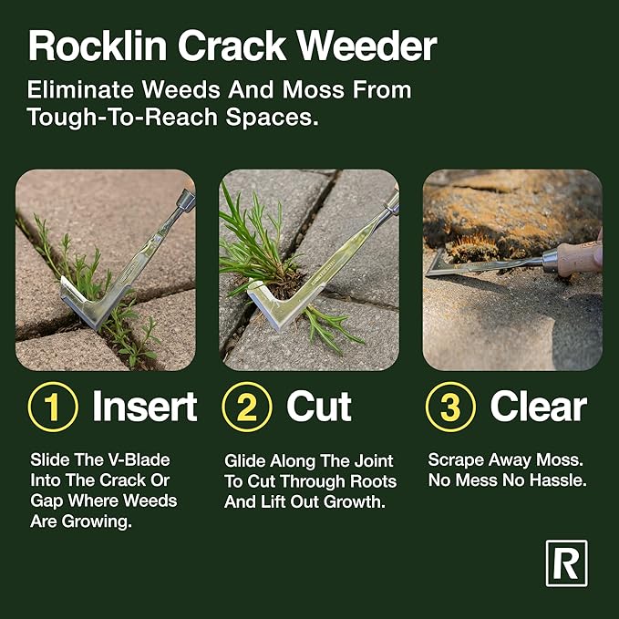 Rocklin™ Crack Weeder – 13" Stainless Steel Manual Crevice Weeding Tool with Beech Wood Handle – L-Shaped Blade for Sidewalk, Patio, and Garden Weed Removal