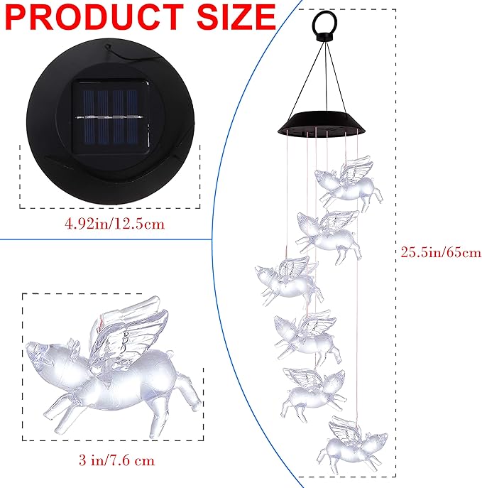 Color Changing LED Pigs Fly Wind Chimes Gift Portable Waterproof Mobile Romantic Fly Pigs Windchime, LED Solar Pig Wind Chime Lights Gift for Mom, Festival, Patio, Garden, Outdoor Decor(Black lid)