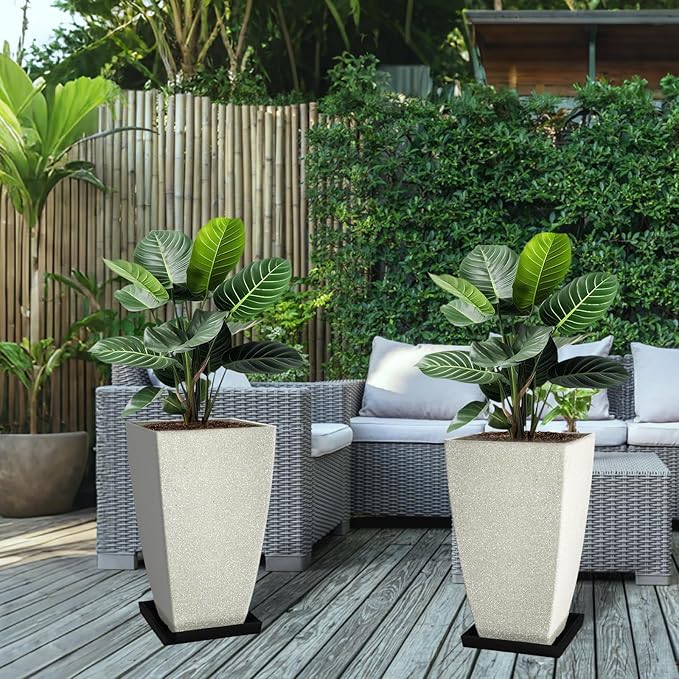 Set of 2 Large Tall 21 Inch Planter Pots Indoor/Outdoor-Matte Grey Square Flower Planters with Tray for Patio, Front Door, Deck | Weather-Resistant & Lightweight Plastic (Grey)