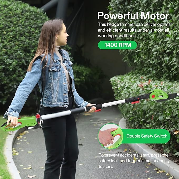 VIVOSUN 20" Cordless Pole Hedge Trimmer, 20V Electric Bush Trimmer with 20” Dual-Action Laser Blade, Adjustable Cutting Head, 0.55" Cutting Capacity, 2.0AH Battery and Fast Charger Included