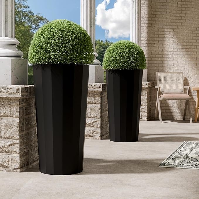 23.6" Tall Planters for Outdoor Plants, Large Outdoor Planters for Porch Decor with Drainage Hole, Wide Stripe Design Flower Pots Fits Indoor Plants Patio/Garden, Plastic Black (2 Pack)