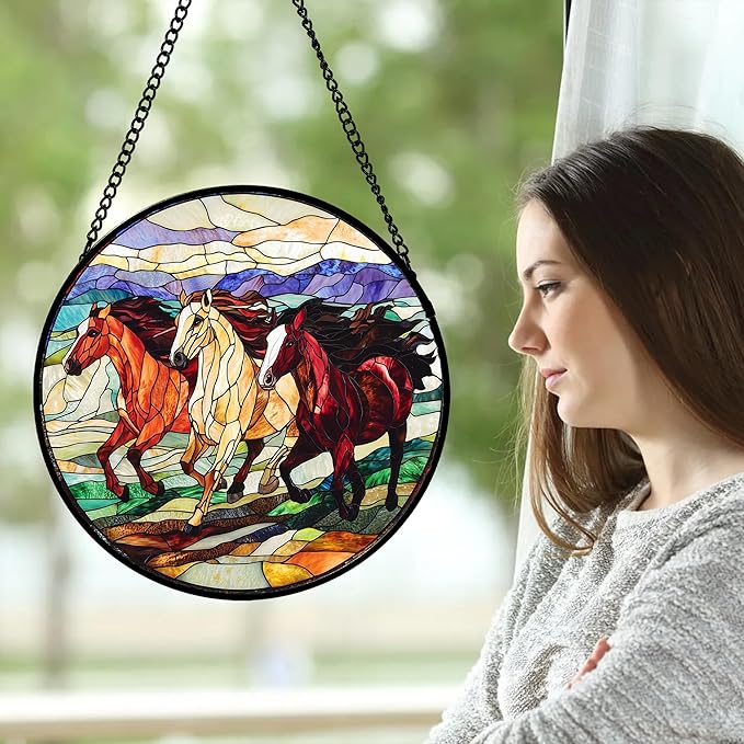 Stained Glass Window Hanging, Galloping Horses Sun Catcher for Door Home Decor Colorful Suncatcher Christmas Mother's Day Birthday Gifts for Women Men Mom and Nana 11.8 in