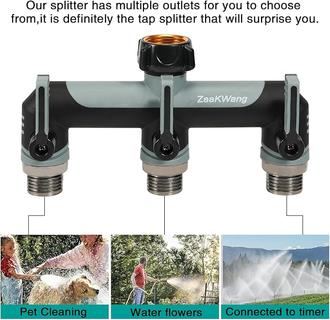 Full Flow Heavy Duty 3 Way Hose Splitter, Rugged Garden Faucet Adapter, Spout Diverter T - Way Adapter with Extended Handle, 3/4” GHT Thread, Grey