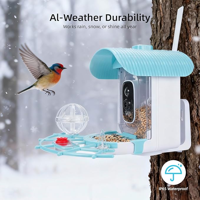 Bird Feeder with Camera, Smart Bird Cam with AI Identify BirdSpecies, Auto Record BirdVideo, Instant Notifications, 2K Video Live Stream Camera with Solar Panel for Birds Lover (Blue)