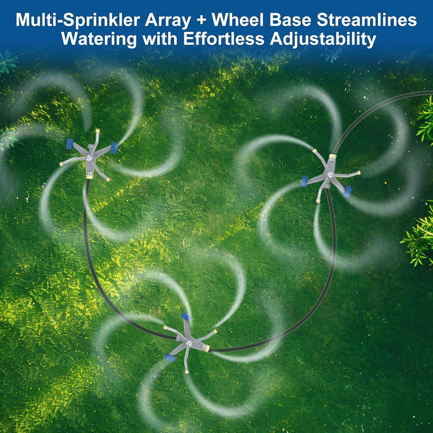 Sprinklers for Yard, 3-Arm Metal Sprinkler with Wheel Base, 360-degree Automatic Rotary Lawn Sprinkler System for Garden Yard