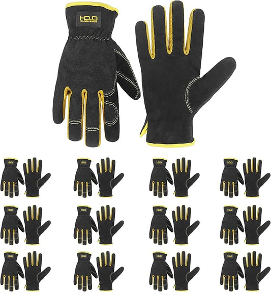 HANDLANDY Men Leather Gardening Gloves, Utility Work Gloves for Mechanics, Construction, Driver