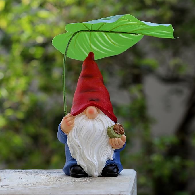 Garden Gnome Statue Decoration with Leaf Umbrella, 7.5” Figurine Ornament for Indoor Outdoor Home Patio Yard Lawn, for Gnome Lovers & Garden Enthusiasts,Mom,Women