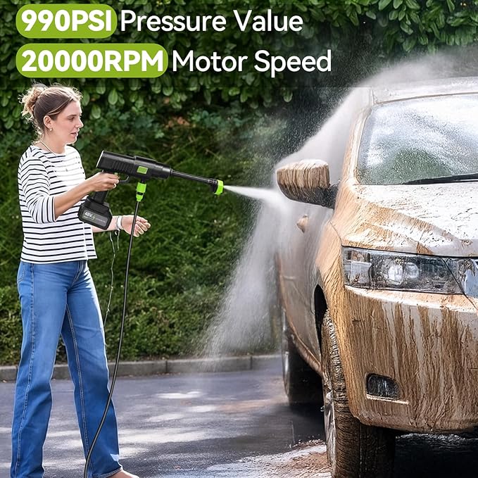 Portable Cordless Pressure Washer, 990PSI Portable Pressure Washer, Battery Powered 15000mAh, 6-in-1 Nozzle,10 Level,Handheld Car Washer, 33FT Hose, Power Cleaner for Car, Patio,Floor,Garden