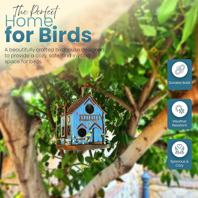 Enchanted Forest Outdoor Birdhouse for Hanging - Deluxe Multi-Family Design, Multiple 1.65" Entrance Holes, Swing Perch, Seed Tray, Water Dish, Butterfly & Flower Accents, Weather Resistant Resin