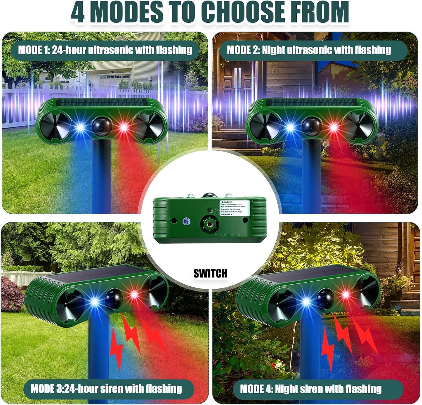 Qualirey 4 Pack Solar Ultrasonic Animal Repellent Outdoor Waterproof Nocturnal Animal Deterrent with Adjustable Motion Sensor Alarm Flashing Light Repel Raccoon Cat Dog Fox Deer for Yard Garden Lawn