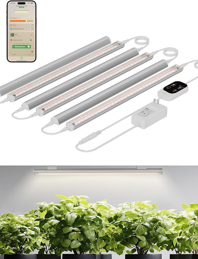GLOWRIUM Smart Grow Lights for Indoor Plants with APP, 15" Full Spectrum Grow Light Strips, G6 Plant Light Strip with auto Timer, 3 Angle dimming Levels for Plant Shelf, 6-Pack (Silver, 48W)