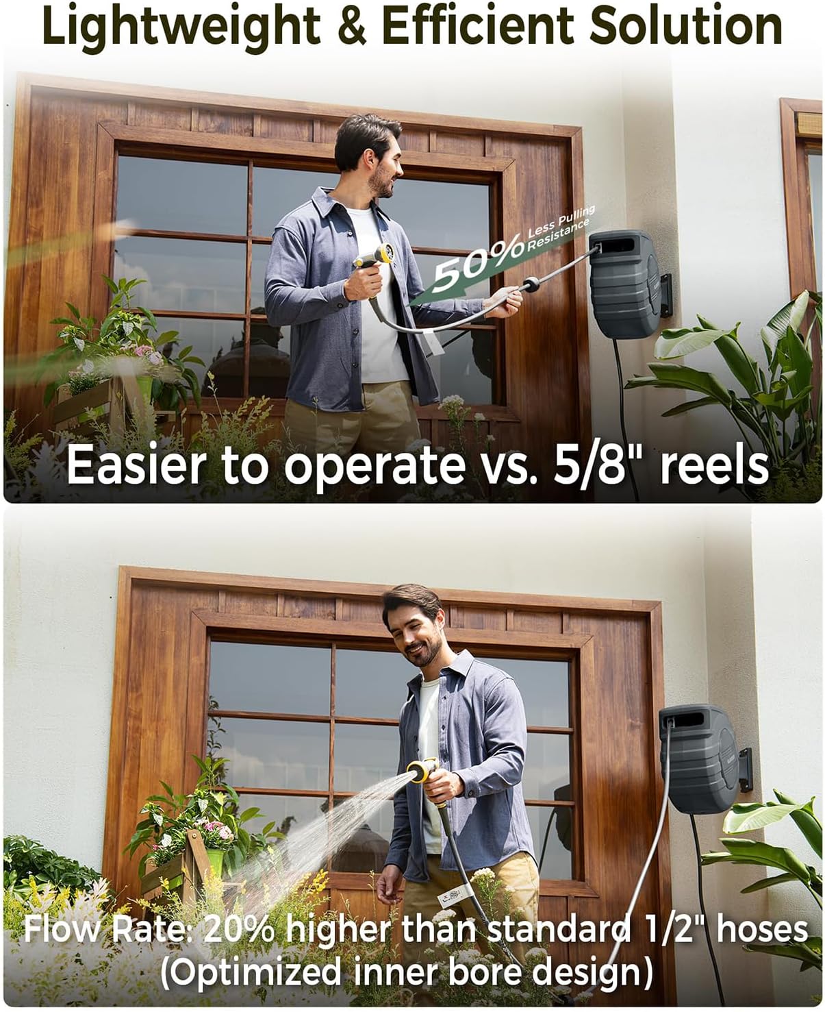 GLAHODEN Retractable Garden Hose Reel 1/2 in x 65 ft, 2025 Upgraded Dual Ratchet Lock UV & Freeze Protection Brass Seal Slow Retraction Anti-Tangle Hose 180°Swivel Reinforced Scaffold Wall Mount