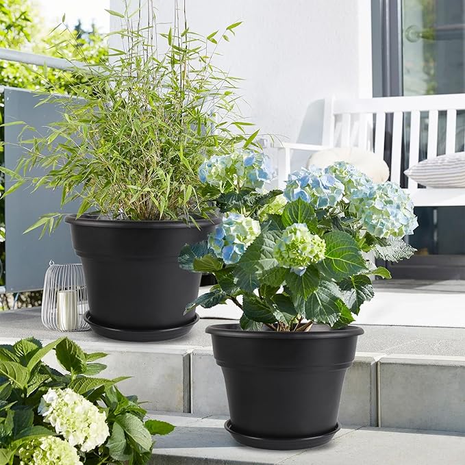8-inch-Plant-Pots-Indoor-Outdoor, 4 Pack Plastic Planters with Drainage Holes & Saucers, Resin Flower Pots with Trays, Classic Garden Pot Container for House