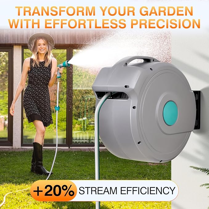 AXTRIM 100 ft x1/2 in Retractable Garden Hose Reel, Premium Wall Mounted Water Hose Reel with 10-Pattern Spray Nozzle, Any Length Lock, Slow Return System, 180° Metal Swivel Bracket, Anti-UV