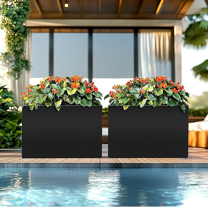 Large Rectangle Planter Metal Black Planter Box with a Drainage Hole and a Removable Divider Indoor Outdoor Porch Pots for Tall Plants, Trees, Flowers 35.43" x 9.06" x 25.59" Black