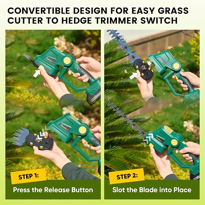 Cordless Hedge Trimmer, 2-in-1 Electric Bush Trimmer and Handheld Grass Cutter, 22V Lightweight Mini Shrub Trimmer Grass Clippers with 1 Battery and Charger, Perfect Gardening Yard Tools