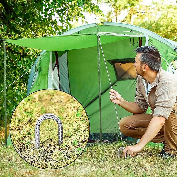 Rebar-Stakes-12-Inch-Galvanized, U Hook Trampoline Stakes 10 Pack Ground Anchors Tent Stakes Heavy Duty for Plants Anti-Rust Landscape Fabric Stakes Artificial Turf