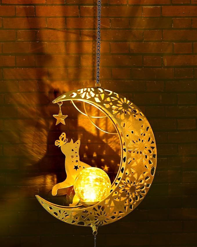 Solar Garden Outdoor Decor, Moon Cat Hanging Wind Chimes, Housewarming Ornament for Patio, Lawn, Yard, Pathway - Unique Gift Ideas for Gardening Mom Grandma Women