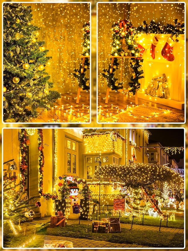33 FT 100 LED Christmas String Lights Indoor Outdoor, Memory Function & Timer & 8 Modes, UL Certified, Linkable Green Wire Waterproof Twinkle Light for Christmas Tree Party Garden Decor (Warm White)