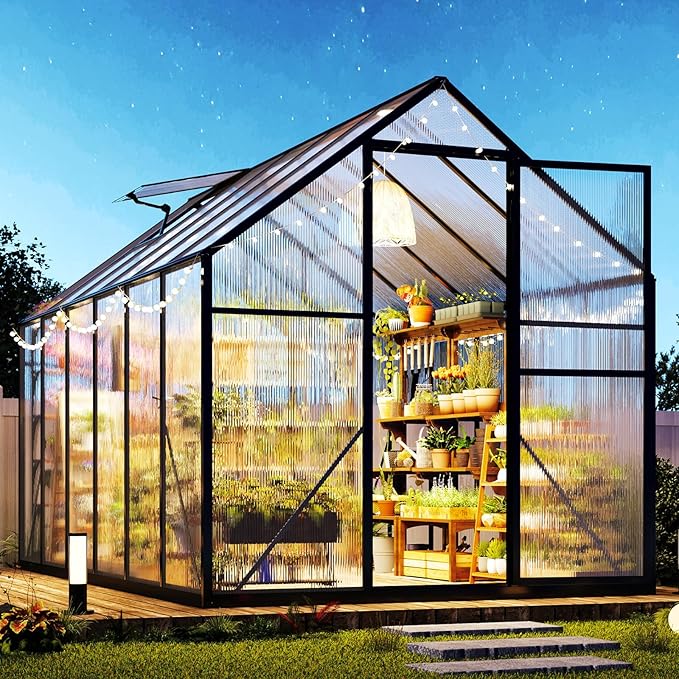 Jocisland 6x10x6.3 FT Polycarbonate Greenhouse for Outdoors with 2 Windows, Dual Swing Doors, Aluminum Walk-in Frame, Heavy Duty Garden Greenhouse for Backyard, Black