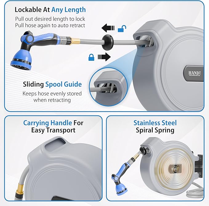 USA Based Retractable Garden Hose Reel, 1/2 in x 50 ft Quick Connect 10-Pattern Sprayer, Wall Mounted Auto Self Retracting Water Hose Reels, UV Resistant Automatic Rewind 180° Mount | Gray
