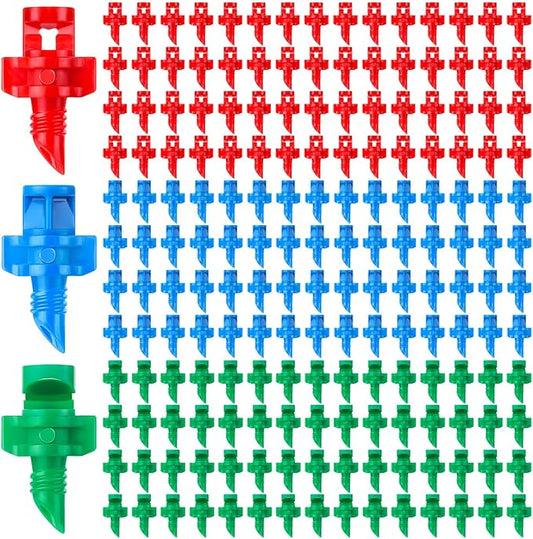 180Pcs Drip Irrigation Emitters, 3 Color Heads Irrigation Misting Sprinkler, Refraction Micro Sprayer Applicable for Lawn Watering System(90/180/360 Degrees)