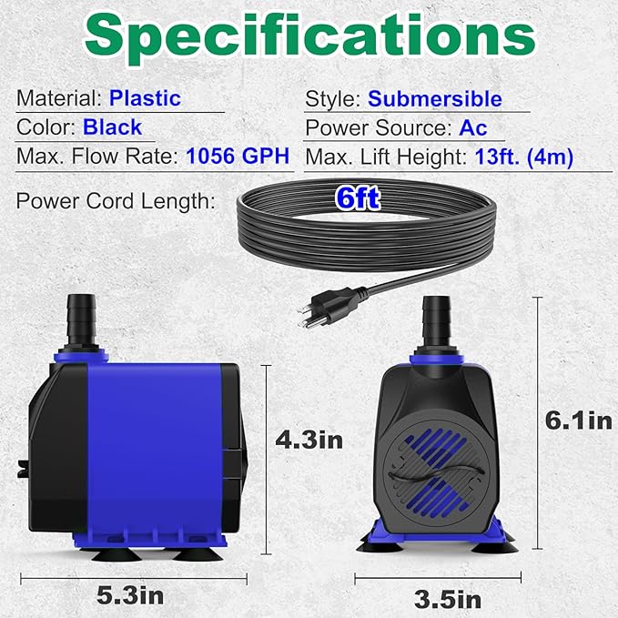 Submersible Pump 1056GPH (4000L/H 85W) Ultra Quiet with Over Heating Protection 9.8ft Power Cord for Fountains, Hydroponics, Ponds, Aquariums & More…