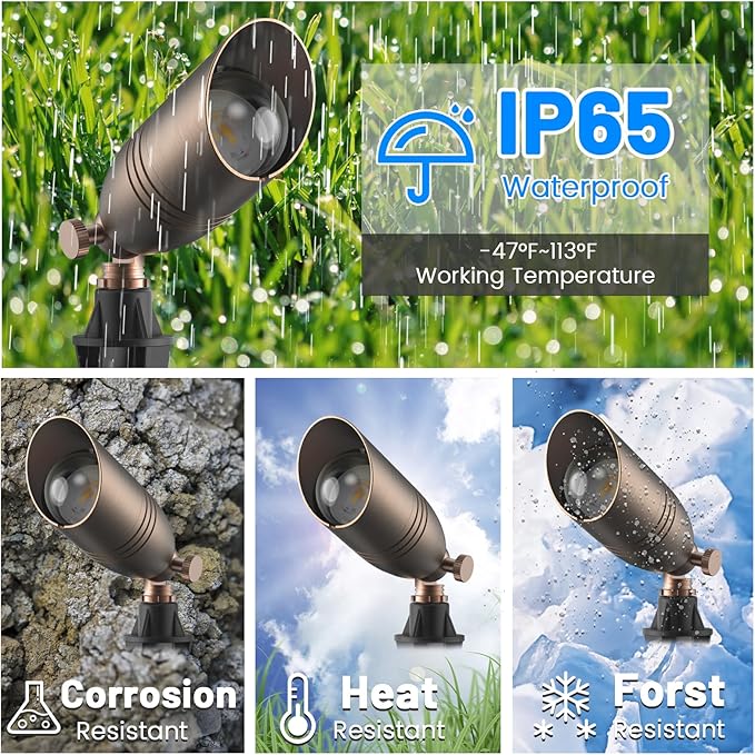 ZONEGRACE 12V Low Voltage Brass Landscape Spot Lights, Waterproof LED Uplights & Accent Lighting with Connectors, Heavy Duty Outdoor Garden Path Lights Fixtures with Bulb, Bronze (1 Pack)