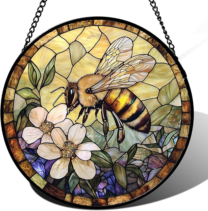 Stained Glass Window Hanging, Vintage Bee Yellow Flower Sun Catcher for Window Door Home Decor Suncatcher Christmas Mother's Day Birthday Gifts for Women Men Mom and Nana 15 in