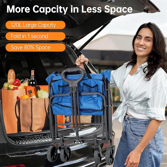 Collapsible Wagon Cart Foldable Beach Wagon with All-Terrain Wheels - 380 LBS Heavy Duty Grocery Cart for Shopping, Beach, Camping, Sports, Garden (Blue)