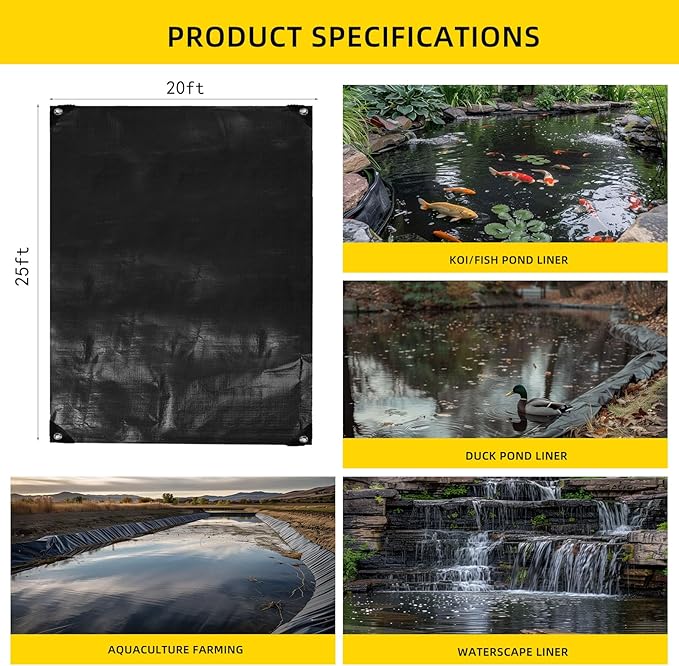 TEZONG Pond Liner,20x25Ft Pond Liners for Outdoor,28Mil PE Black Koi Fish Pond Liner,Reinforced Pond Underlayment for Water Garden,Waterfall,Fountain
