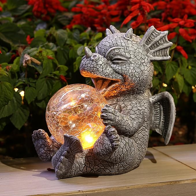 Garden Dragon Statue Solar Powered Outdoor Figurine Light Decor Cute and Hold Glowing Glass Ball Resin Sculpture Home Decoration for Porch Patio Lawn Farm Yard Housewarming Ornament Gift