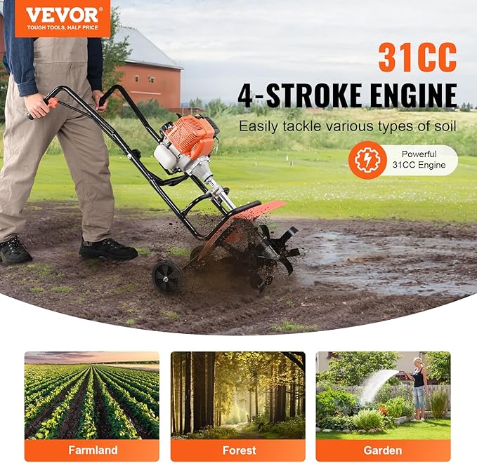 VEVOR Tiller Cultivator, 31CC 4-Stroke Garden Cultivator, Tiller with 4 Steel Adjustable Front Tines for Lawn, Garden and Field Soil Cultivation, Orange