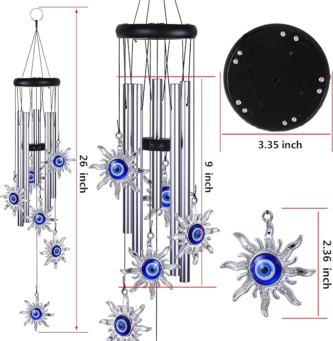 Blue Evil Eye Sun Wind Chimes Outdoor Decor, Mobile Sun Evil Eye Windcatcher, Evil Eye Sun Wind Bells, Sun Blue Evil Eye Amulet Wind Chimes for Home, Gift for Mom, Balcony, Patio, Garden Decoration