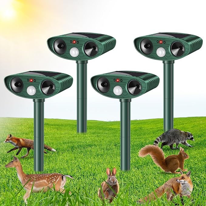 4 Pack Ultrasonic Animal Repellent Outdoor Deer Repellent Devices Ainimal Deer Cat Deterrent with Motion Sensor to Repel Squirrel Dog Rabbit Raccoon Repellent for Yard Garden