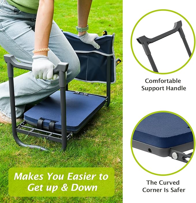 ikkle Garden Kneeler and Seat Gardening Stool Kneeler Folding Gardening Bench with Thicker Detachable Kneeling Pad and Tool Store Pouches (Blue)