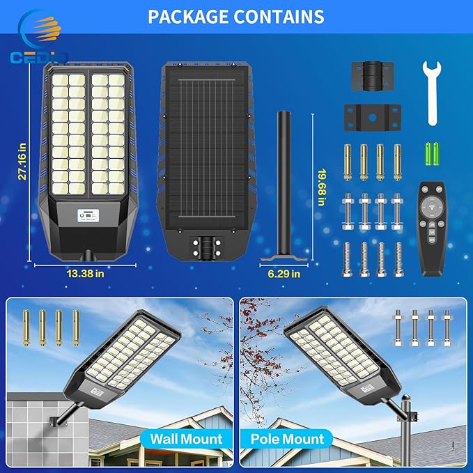 CEDIO Outdoor Solar Street Lights, Solar Lights IP66 Waterproof LED Street Light Dusk to Dawn, Flood Light with Motion Sensor for Yard (9800W-1PACK)