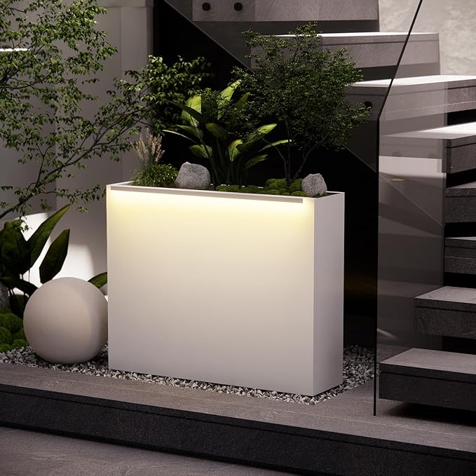 GSK White Metal Planter Box with LED Light Rectangular Illuminate Flower Trough 30" H×10" W×37.9" L Vibe Indoor Light Up Garden Plants Outdoor Separation Patio Porch Balcony
