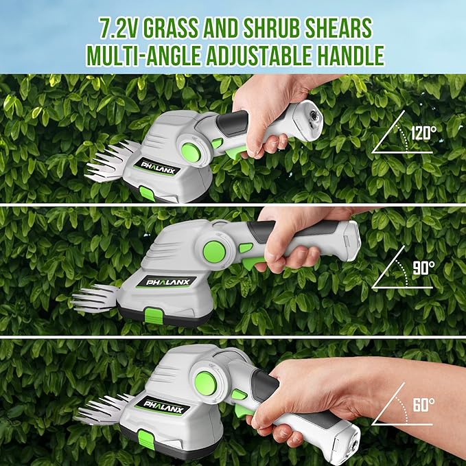 PHALANX Cordless Grass Shears 2-in-1 Handheld Hedge Trimmer,7.2V Electric Grass Trimmer Turnable Handle, Rechargeable Lithium-Ion Battery and Charger Included for Lawn/Garden
