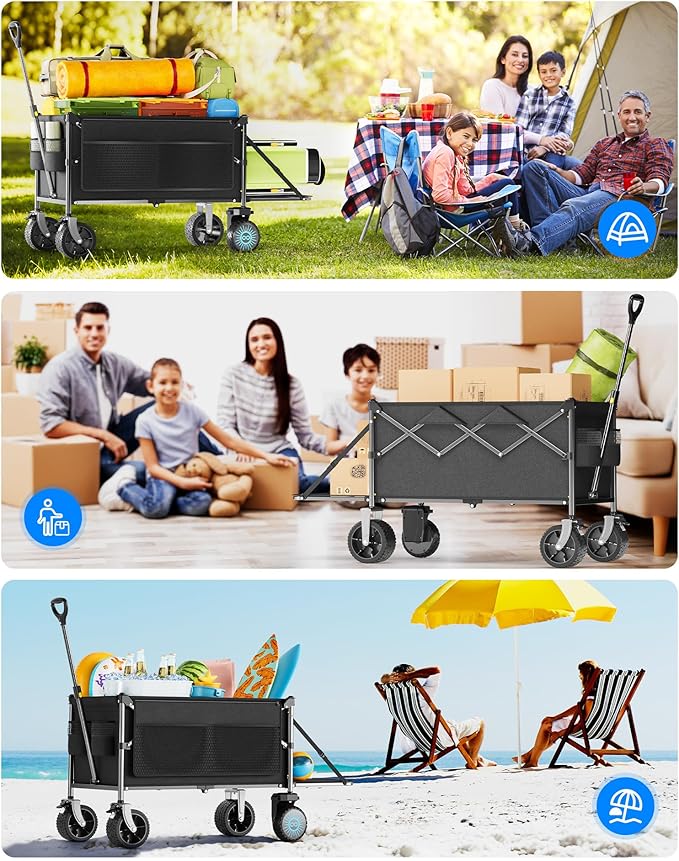 Electric Utility Wagon Cart–330 lb Load, 180 L Foldable Beach Wagon with Remote, 4-Speed, All-Terrain Wheels for Camping, Beach, Garden & Shopping, Black