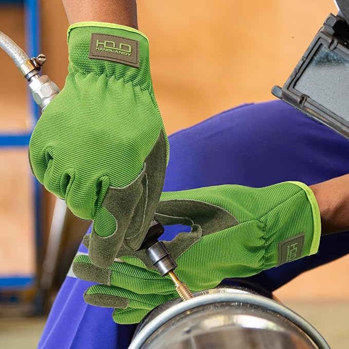 HANDLANDY Men Leather Gardening Gloves, Utility Work Gloves for Mechanics, Construction, Driver