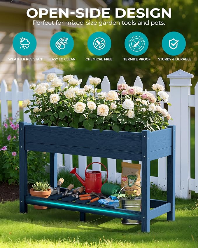 SERWALL Raised Garden Bed Set of 2, HDPE Raised Bed for Gardening All Weather Use- Blue