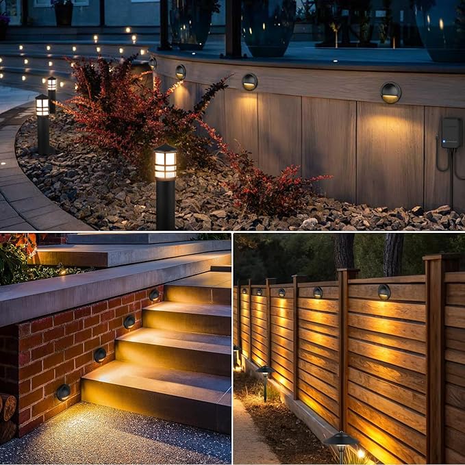 SUNVIE All-in-One Low Voltage Deck Lights Kit, 8 Pack 5W Low Voltage Landscape Lighting with 60W Transformer 100FT Wire and Connectors, 3000K 12-24V AC/DC LED Deck Step Lights for Fence Post Patio