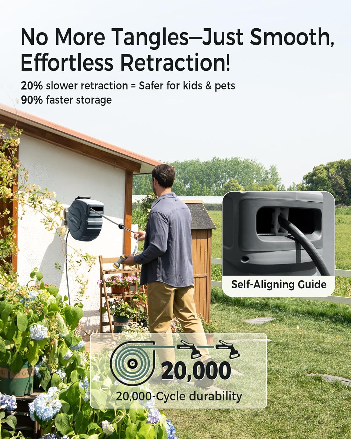 GLAHODEN Retractable Garden Hose Reel1/2 in x 155 ft Metal Bracket, 2025 Upgraded Dual Ratchet Lock UV & Freeze Protection Brass Seal Slow Retraction Anti-Tangle Hose 180°Swivel