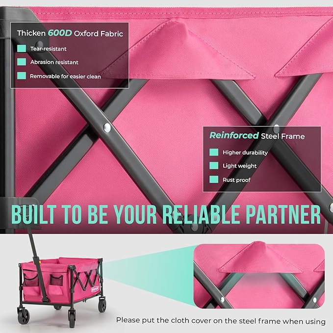 OVERMONT Collapsible Wagon with Tailgate - 220lbs Extended Lightweight Foldable Utility Wagons Folding Cart with Wheels - Small Garden Grocery Cart for Shopping,Grocery,Sports,Garden